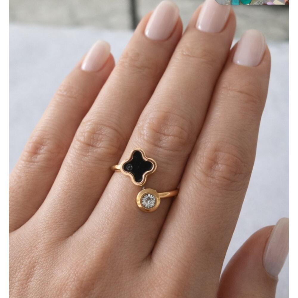 Stainless Steel Gold Black Clover Rhinestone Ring Size 8